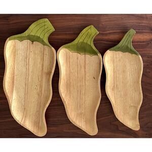 Clay Art Chili Peppers Shaped Stacking Wood Serving Plates/Platters- Set of 3